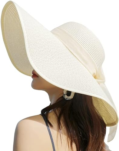 BABAHU Faltbarer Sonnenhut für Damen, breite Krempe, Strohhut, Sommer-/Strandhut, UV-Schutzfaktor 50+, 02-Style Lvory White, Einheitsgröße