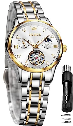 OLEVS Women's Automatic Watch Luxury Diamond Self Winding Dress Wrist Watch Moon Phase Stainless Steel Waterproof Luminous Blue dial