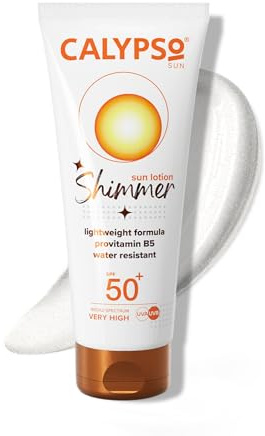 Calypso Lozione solare scintillante SPF50 + | Protezione UVA + UVB molto elevata, resistente all'acqua, protezione solare scintillante per viso e corpo, 100 ml