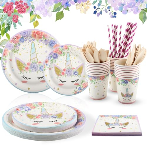Vexillic Vajilla para Fiesta de Unicornio, 200 Piezas Decoracion Cumpleaños Rosa Unicornio Incluye Platos Taza Servilletas para Cumpleaños Baby Shower Fiesta-25 Invitados