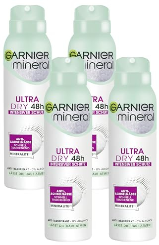 Garnier Deo-Spray, Anti-Transpirant, intensiver Schutz vor Körpergeruch & Achselnässe, bis zu 48 h Wirkung, Mineral UltraDry (Packung mit 4)