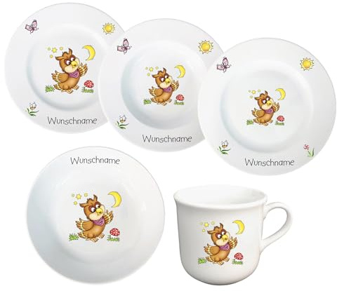 Kindergeschirr Kinderservice 5-tlg. Kinder Service Set aus Porzellan Teller Becher Schale personalisierbar mit Wunschname Name Kindergeschirr mit Namen personalisiert (Eule)