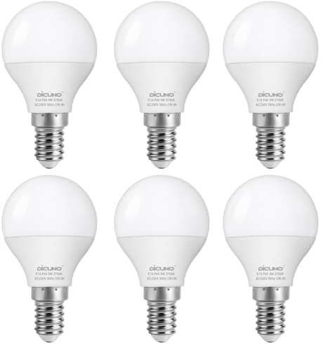 DiCUNO Ampoule LED E14, 5W équivalent 50W, Ampoule ronde P45 petit culot à vis, Blanc chaud 2700K, 550LM, Non-dimmable, CRI90, Angle de faisceau 220°, 6 Pièces