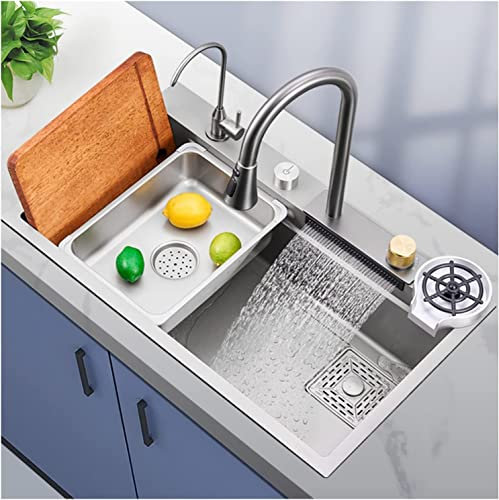 Waschbecken Home Küchenspülen Neues Wasserfall-Küchenspülbecken, Spülbecken aus Edelstahl 304, Wäschespülbecken, Spülbecken, Einzelbecken mit Tassenspüler, Wasserhahn-Kombinationsarbeitsplat