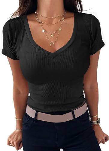 TrendiMax Damen T-Shirt Gerippt Slim Fit Basic Tee Shirts V Ausschnitt Kurzarm Sommer Tshirt Stretch Oberteile Casual Bluse Tops