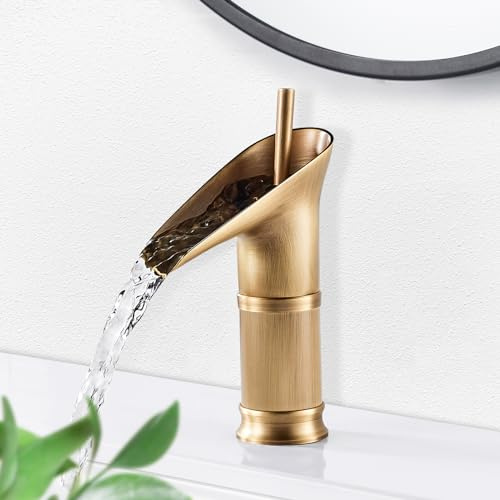 Wasserfall Wasserhahn Bad Antik Messing, Kurz Waschtischarmatur Bad Retro | Vintage Gold Einhebel Badarmatur Mischbatterie Waschbecken Kaltes und Heißes aus Messing, Waschbeckenarmatur G3/8