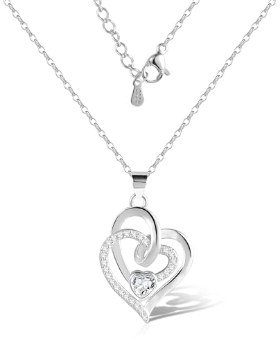 Halskette Herz Sterling Silber 925 Ketten für Damen, ASH'S CHOICE Doppel Herz Liebe Anhänger Halsketten mit AAA+ Zirkon Strass Halskette Silber 925 Ketten für Damen Frauen Mama Muttertag Geschenk