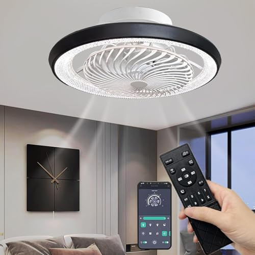 Qiaomao Ventilator Deckenleuchte Schwarz 49cm, Moderne 360° Drehung Deckenventilator mit Beleuchtung und Fernbedienung App, 72W Dimmbar Timer Leise Deckenlampe mit Ventilator Schlafzimmer Wohnzimmer