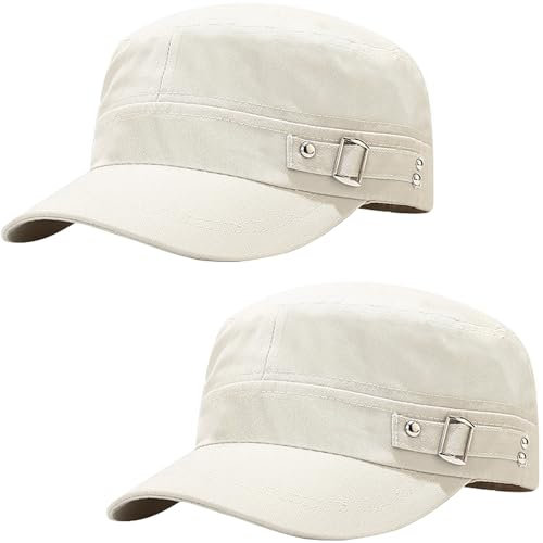 Malaxlx 2 Pcs Unisex Beige Military Stil Army Cap Verstellbare Baseball Cap Flat Top Cap Sommer Sonnen Kappe für Herren Damen