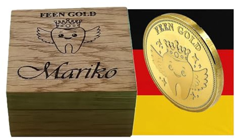 FEEN GOLD Milchzahnetui Holz Graviertes Etui zur Aufbewahrung von Milchzähnen und 24K Zahnfeemünze Geschenk Kinder Zahnfee Ritual Erinnerungsbox erster Milchzahn Mädchen Junge Zahndose Holz Natur