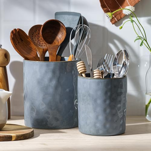 famiware Ocean Utensil Holder, 7.2+5.8 Ceramic Kitchen Utensil Holder for Countertop, 2 Pieces Cooking Utensil Crocks, Utensil Organizer for Spatula & Spoon, Kitchen Decor, Set of 2, Blue