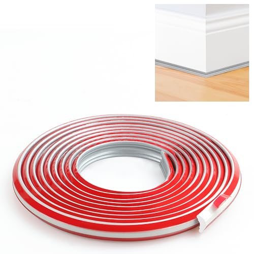 JUNRT Garniture de plinthe TPE, garniture de moulure de bande de calfeutrage flexible, corniche de bande de bordure autocollante pour mur,plans de travail, sol (12×9mm, 500cm, Argent)