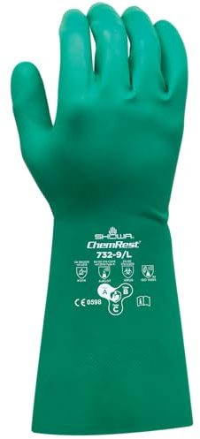 SHOWA 732 Chemical Resistant Gloves, 15-mil Nitrile with Cotton Flock Liner, 13-inch, Diamond Grip for Security, CE Cat III & Food Safe, Green, Large, 12-Pack