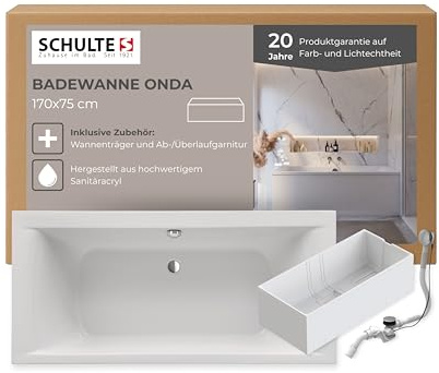 Schulte Badewanne Onda 170x75 cm, Acryl, Weiß glänzend | Komplettset mit Wannenträger und Ablaufgarnitur aus hochwertigem Acryl.