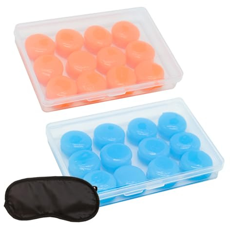 Tapón para los oídos, 12 pares de bolas de silicona Quies moldeables, reutilizables para el sueño, supresión del ruido para dormir ronquidos (azul, naranja), con 1 máscara para los ojos