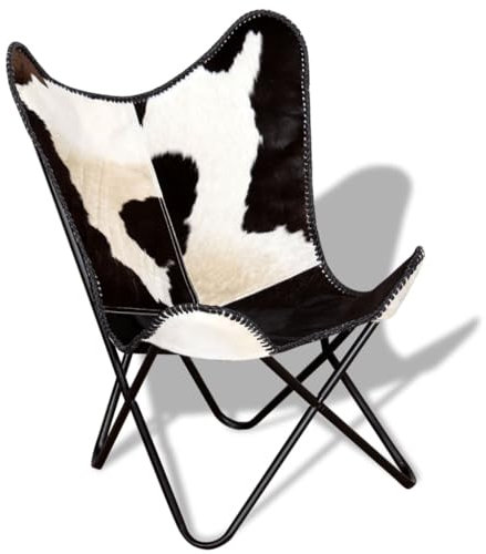 LAPOOH Butterfly-Sessel Schwarz und Weiß Echtes Kuhfell, Butterfly Chair, Relaxstuhl, Armlehnensessel, Clubsesse243729