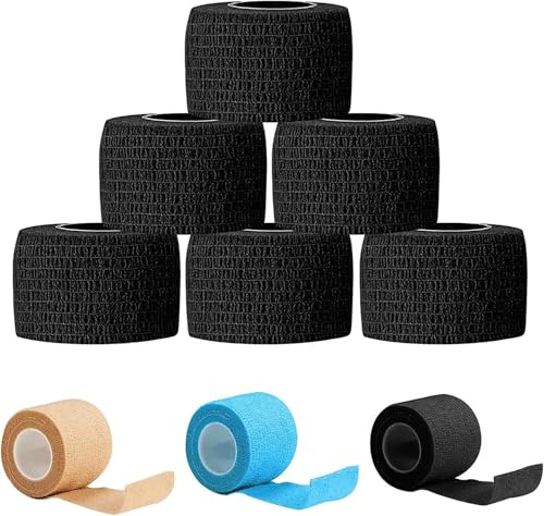 KATLKIU 6 Rotoli Benda Elastica Autoadesiva, Bendaggio Autoadesivo Traspirante, Fasciatura Coesiva per Sport e Uso Medico, per Ginocchio, Caviglia, Braccia e Mani (nero, 2.5CM x 4.5M)
