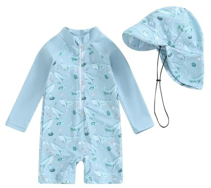 Loalirando Traje de baño infantil bebé niño de 2 piezas Anti-UV, mono con cremallera de manga larga estampado + sombrero de ala ancha