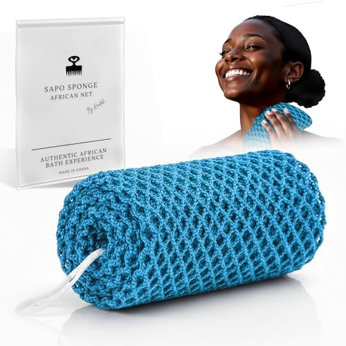 Äkta afrikansk nätsvamp från Ghana med upphängningssnöre Lång peelingvamp för kropp och rygg Duschsvamp Perfekt för daglig kroppsvård (Blå)