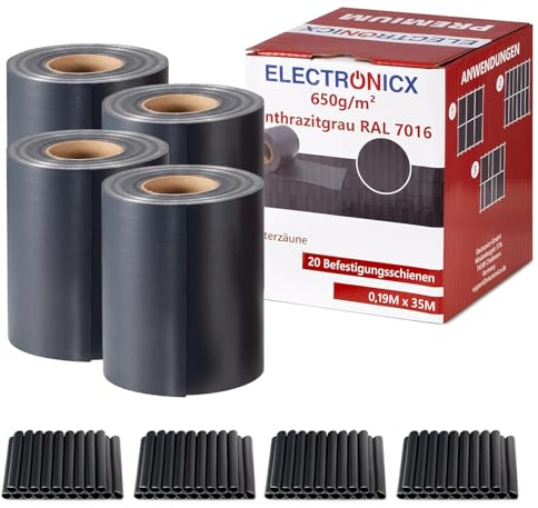 Electronicx Premium PVC Sichtschutzstreifen RAL 7016 Anthrazitgrau Hochwertige Zaunfolie Doppelstabmatten 140m (4x35m) x 19 cm 650g/m² UV-beständig, extra langlebig, 80 Befestigungsclips