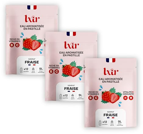 LXIR DRINK - Eau aromatisée en pastille sans sucre - Boisson multivitamines - Riche en vitamines C et B - Hydratation quotidienne - Beauté de la peau - Fraise