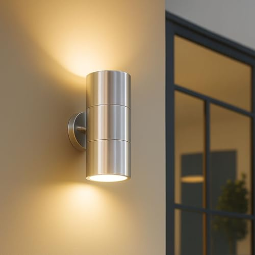Outside Wall Lights Mains Powered, Silver Up Down Outdoor Wall Sign Light, Stainless Steel IP44 Waterproof External Wall Lights, Exterior Wall Sconce for Patio, Garden, Front Door,Garage