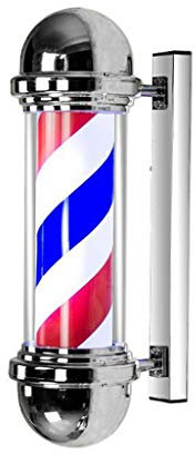 Poste de barbero Tradicional Giratorio con Tubo de PC, iluminación LED, Rayas Rojas, Blancas y Azules, para salón de peluquería al Aire Libre.