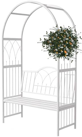 Metal Arch with Seat for 2 People,Garden Arch Arbor for Climbing Plant,Decorations Pergola Support,Large Roses Trellis,Rustproof,Stable,44.9 x 86.6 x 23.6in,Black(White)