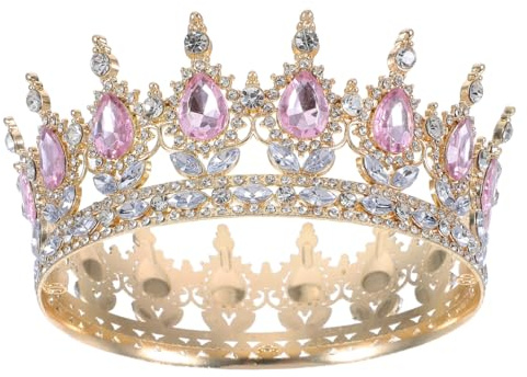 Angoily Halloween Krone Mädchen und Damen, Tiara mit Strass, Gold Rosa | Vollrunde Brautkrone für Hochzeit, Geburtstagsfeiern , Festzug, Fotoshooting und Halloween