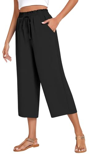 WINKEEY Pantalones de Lino Mujer de Cordón Cintura Elástica 3/4 Pantalon Mujer Suaves Elegante Cómodas Color Sólido Pantalon Verano Mujers