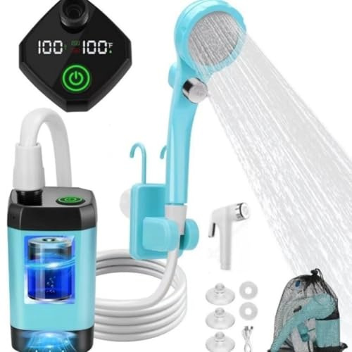 ZAMETTER Camping Shower Kit LCD Display 5 Water Pressure Levels 4 Spray Modes Portable Car Shower Kits Battery Operated Portable Shower System for Outdoor Activity(6000mah blue)
