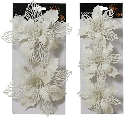 Kaemingk Weihnachtsstern Blüte Künstlich 11 & 16cm mit Clip 5er Set - Glitzer Christbaumschmuck Kunstblumen Weihnachten - Christstern Deko Weihnachtsblume - Silber