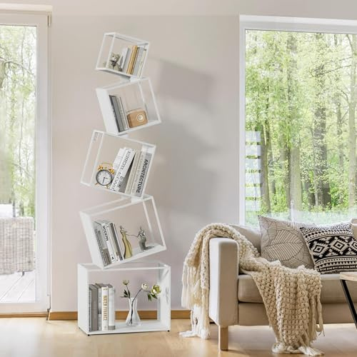 Vonkinka Bücherregal Weiß, 170 cm Hohes Bücherregale Schmales Regal aus Metall, Geometrisches 5-Fach Standregal für Wohnzimmer, Schlafzimmer, Büro, Kinderzimmer mit Montagevideo