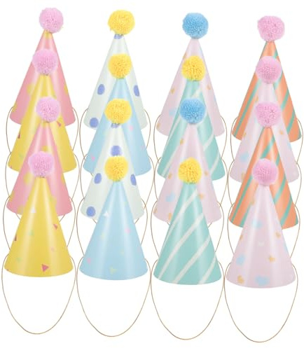 MUCKLILY 16 piezas Gorros de Fiesta Cónicos para Cumpleaños Infantiles Papel Estampado con Pompones Gorros Cómodos con Banda Elástica para Celebraciones y Carnavales Suministros Festivos
