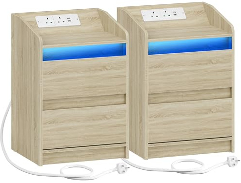 Hzuaneri Bedside Table Set of 2, Charging Station & LED Lights, White Oak