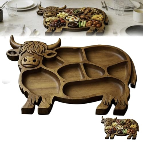 Highlands Cow Wooden Charcuterie Board, Wood Cow Shape Food Platter, Rustic Farmhouse Appetizer Serving Board, Multi Purpose boards, For Snack Fruit Meat Cheese(B)