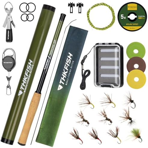THKFISH Tenkara Fliegenfischruten-Set, 24T Kohlefaser, Teleskop-Fliegenfisch-Kombi-Set mit Tragetasche, Angelschnur und Fliegenfischköder für Bachläufe, Forelle, Barsch, Lachs, 24 m, 3 m, 3 m
