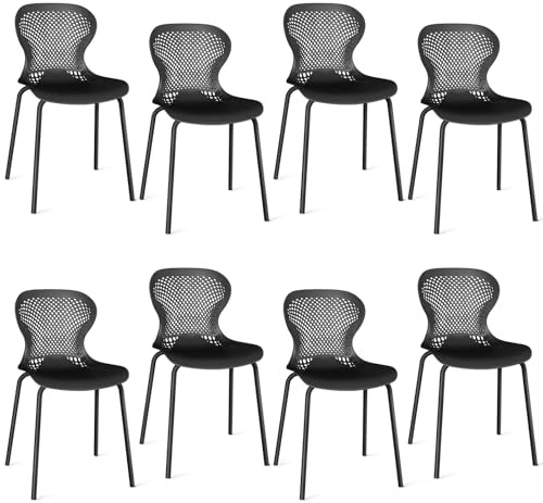 JIJIAN Esszimmerstühle 8er Set, Stapelbare Küchenstuhl mit Metallbeinen, Gartenstühle aus Kunststoff, für Esszimmer, Wohnzimmer, Garten, Balkon und Terrasse, Schwarz