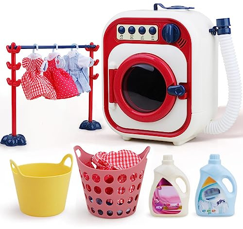 Eleage Mini Machine à Laver électrique, Lave-Linge à Tambour Rotatif, Simulation Réaliste, Appareil électroménager, Jeu de Rôle, Jouet éducatif, Cadeau pour Filles et Enfants (Rouge)