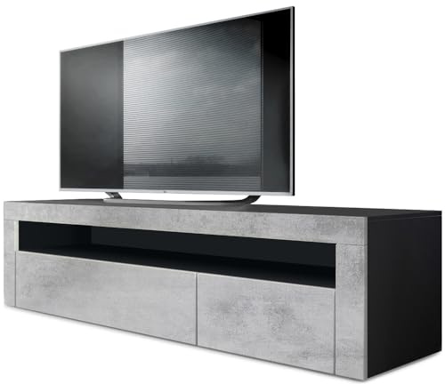 Vladon Lowboard Valencia, Made in Germany, TV-Kommode mit 1 offenem Fach und 2 Klappen, Schwarz matt/Beton Oxid Optik (155 x 46 x 40 cm)