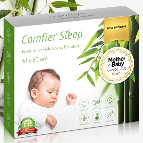 Next to Me Crib Mattress Protector 51x85cm – Award Winning – Waterproof Bamboo Fitted Cover – Soft Breathable Next to Me Mattress Protector – Hypoallergenic