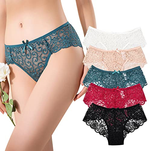 Daelesr Bragas de Encaje para Mujer de 5 Uds., Braguitas de Cintura Baja de Bikinis, Ropa Interior de Encaje, Calzoncillos de Encaje Fino para Mujer de 5 Colores (L)