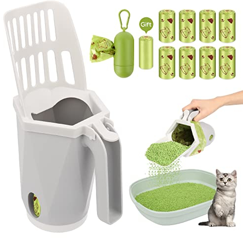 PWEZON Katzenstreuschaufel mit Katzenstreu Abfallbehälter, Katzenstreuschaufel mit Halter, tragbare Katzenstreuschaufel mit Mülleimer und 120 Stück Beutel Katzenstreu mit großer Kapazität