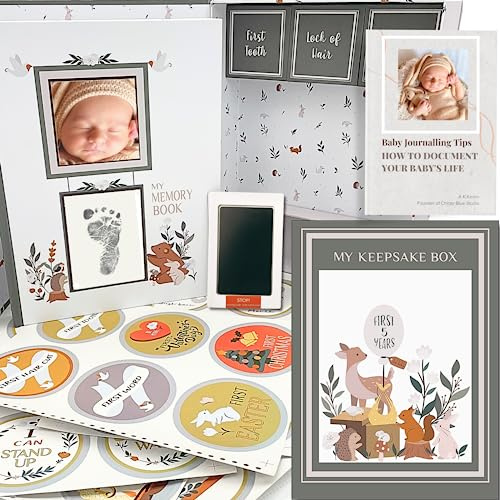 Baby Memory Book with Keepsake Box & Monthly Baby First Milestone Stickers - Gender Neutral First Year Scrapbook Journal - Baby Photo Album for Boys - Baby Book Keepsake, Baby Milestone Book