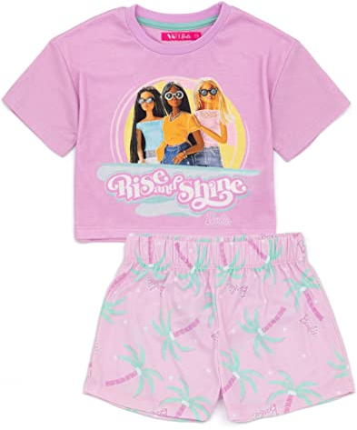 Barbie Girls Pyjama Set | Kids Pink Crop Top T-Shirt With All Over Print Elasticated Shorts PJs | Rise And Shine Doll Classic Logo Graphic Sleepwear | Nightwear Pyjama Merchandise Gift for Children