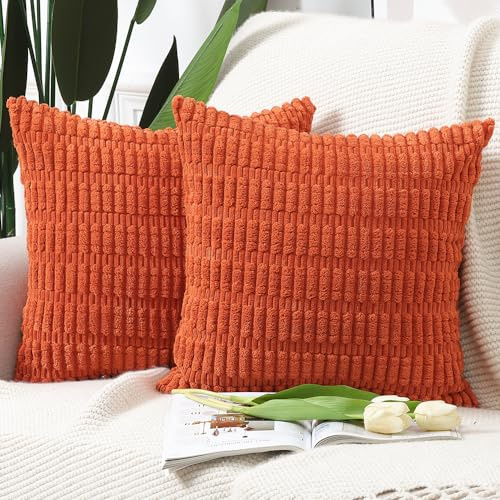 Madizz 2er Set Boho Gestreifte Kissenbezüge Weicher Kordsamt Dekorativer Kissenbezug für Sofa Schlafzimmer Kissenhülle Rötlich orange 50 x 50 cm