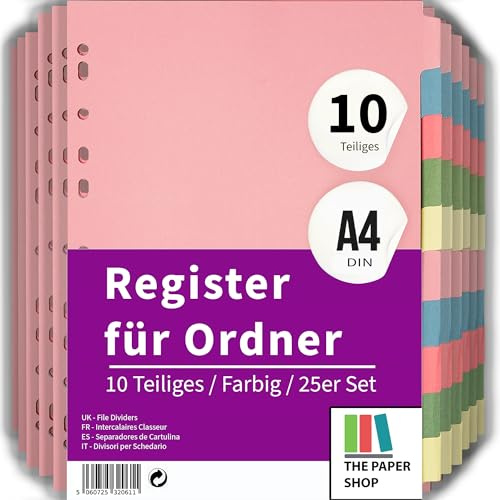 File Dividers A4, 10 Part Folder Dividers for Ring Binders & Lever Arch Files (25 Pack) Binder and Subject Dividers with Writeable Coloured Index Tabs - The Paper Shop