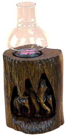 Kinaree Holz Windlicht mit Elefanten – Teakholz Teelichthalter mit Elefanten-Relief & Glaskuppel, ca. 27cm in Dunkel Braun