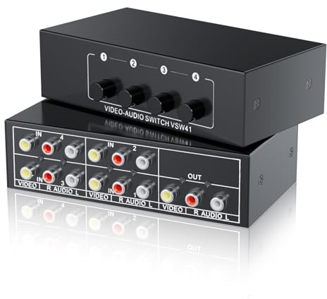 RCA-Schalter 4-in-1-Ausgang Kompositvideo L/R Audio-Auswahlbox 4X1, BolAAzuL 4-Wege-RCA-Switcher – 4-Port-AV-Auswahlschalter – Plug & Play für Wii PS2 Xbox DVD STB HDTV