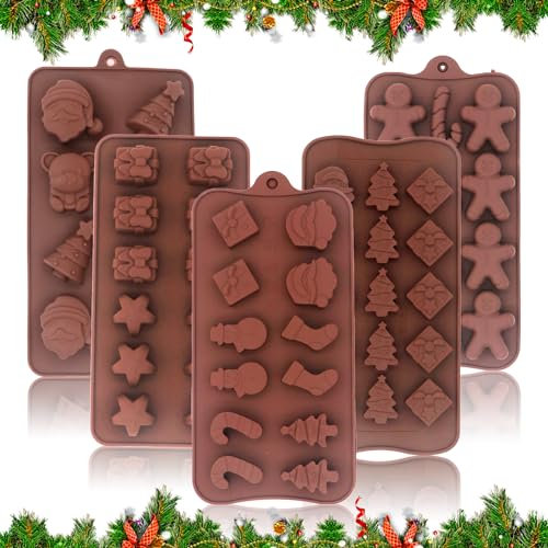 5PCS Christmas Chocolate Moulds Nonstick Silicone Chocolate Candy Baking Moulds Santa Snowman Socks Gingerbread Man Fondant Mould for Christmas Party Decorations Supplies